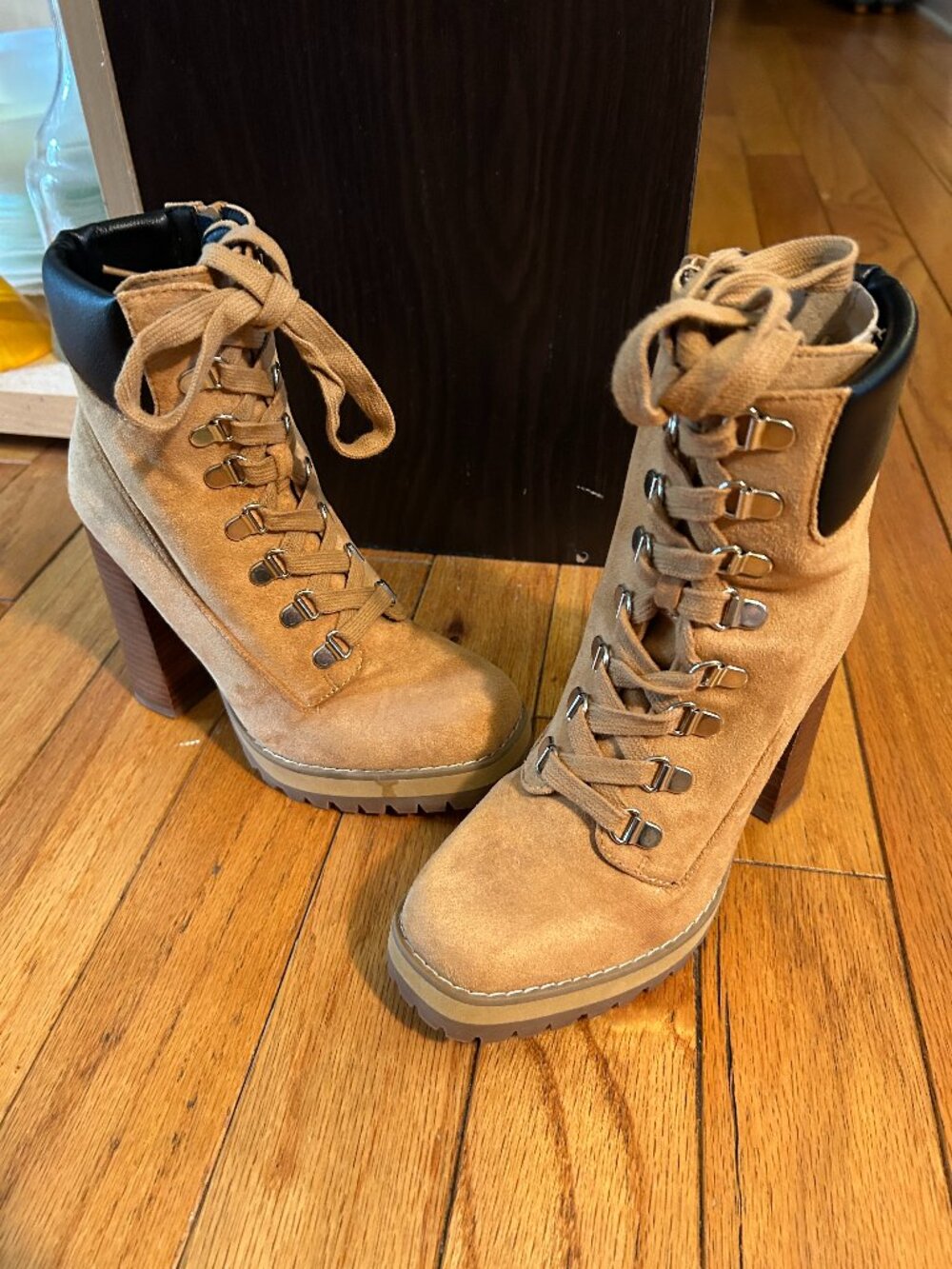 Steve Madden Tan Suede-Like Lace-Up Heeled Combat Boots